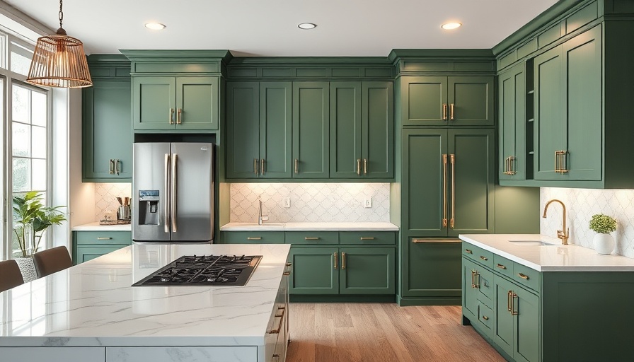 Modern kitchen remodel with green cabinets and stainless steel appliances.