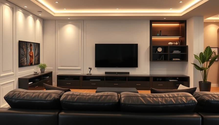 Modern home entertainment center with sleek features and leather seating.