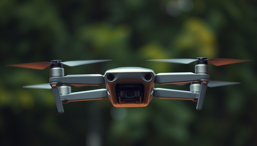 Sleek drone hovering with blurred forest background, Virginia Beach police drones.