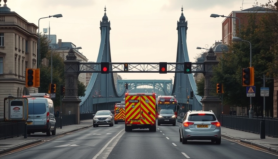 Great Bridge closure with emergency vehicles causing traffic disruption.