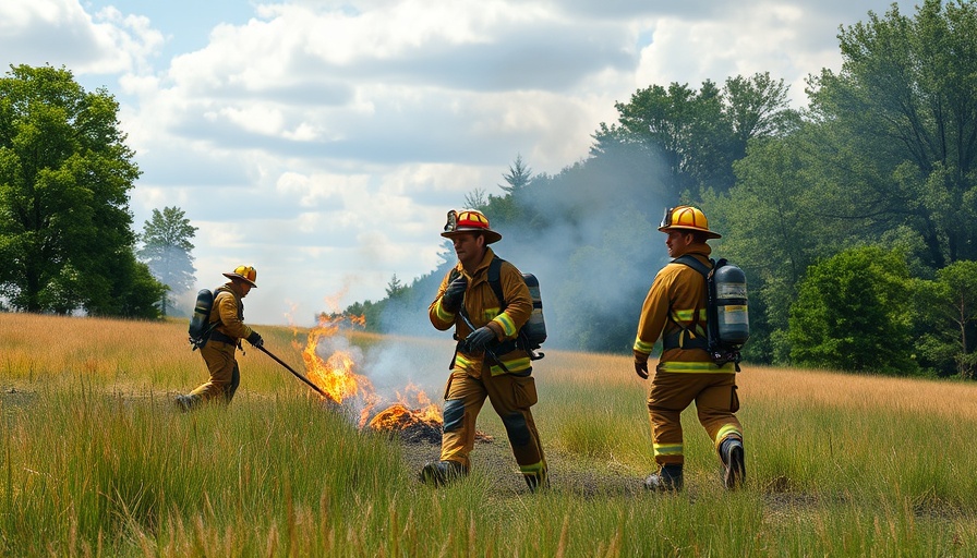 Firefighters managing Southeastern Virginia fire risks in open field.