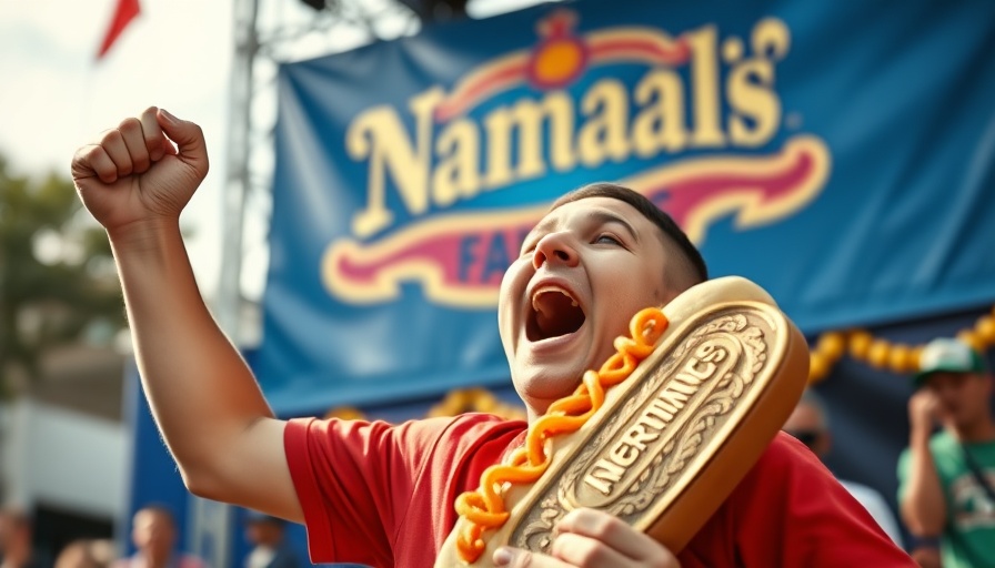 Nathan's Famous hot dog eating contest winner with trophy belt.