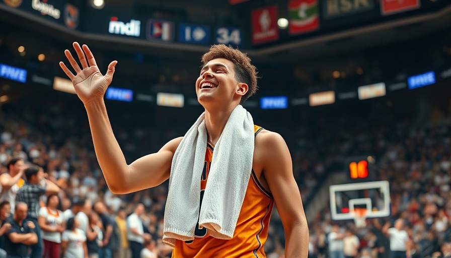 Czech basketball club player celebrating victory in stadium.
