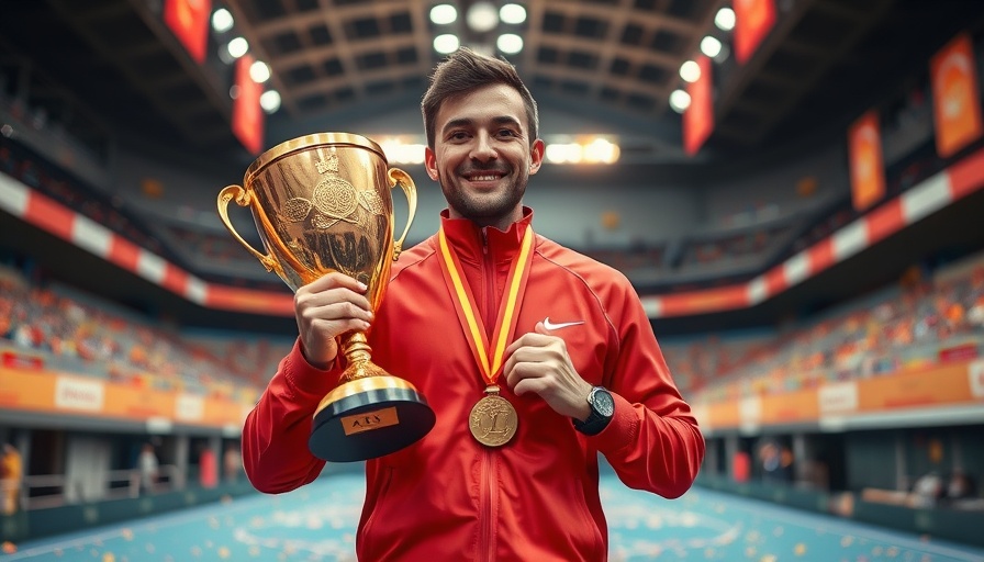 Person holding AmeriCup gold trophy and medal indoors, smiling.