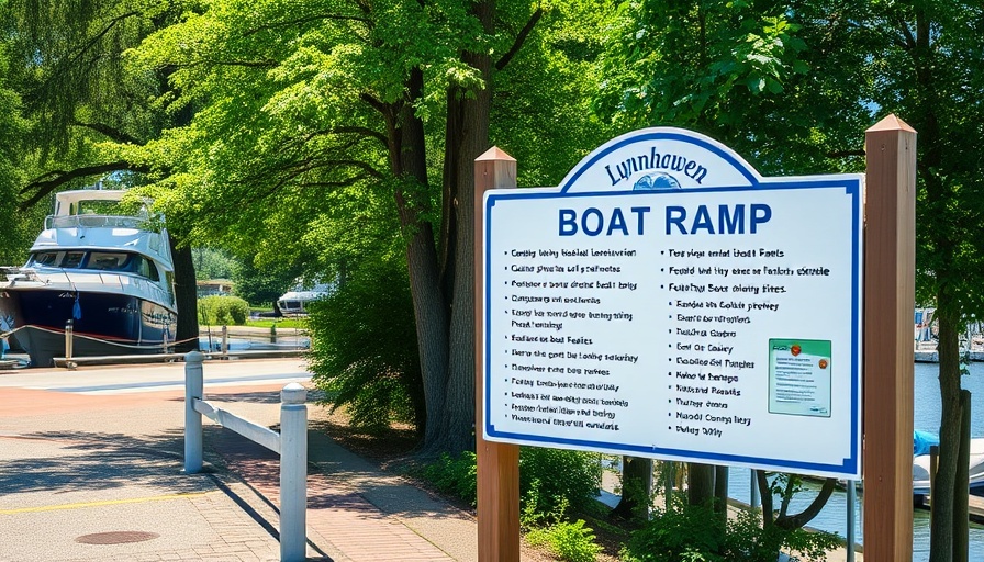 Lynnhaven Boat Ramp safety sign with marina backdrop in daylight.