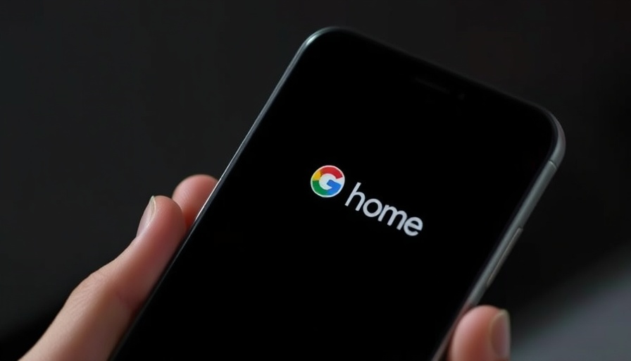 Smartphone displaying Google Home logo, hand-held, dark background.
