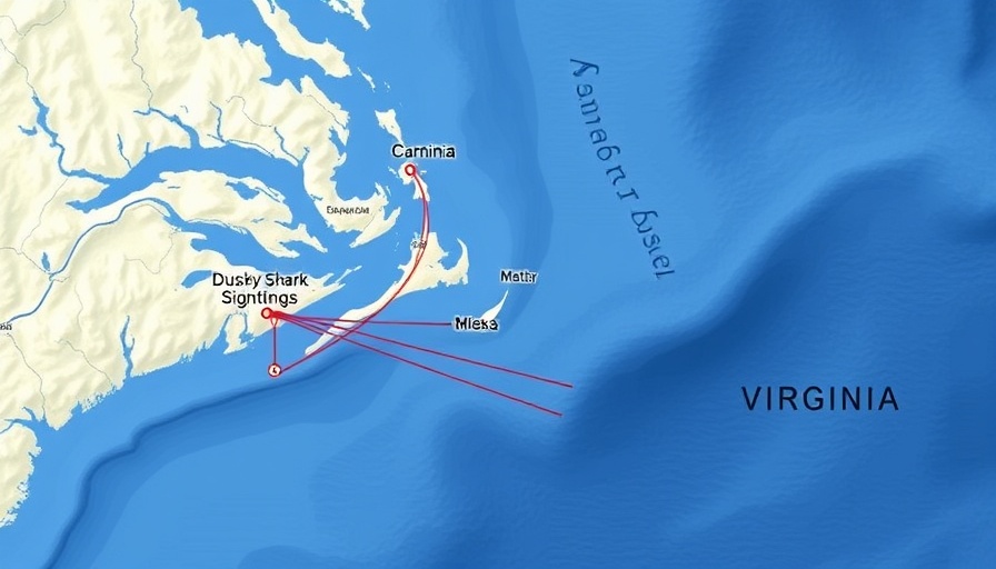 Map showing dusky shark sightings in Southeastern Virginia with tracking lines.