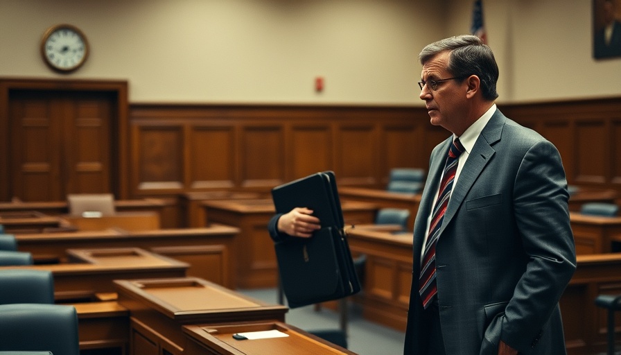 Two men in courtroom setting, engaged in serious discussion.