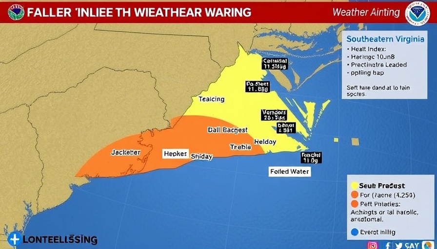 Extreme heat warning map for Southeastern Virginia showing heat index levels.