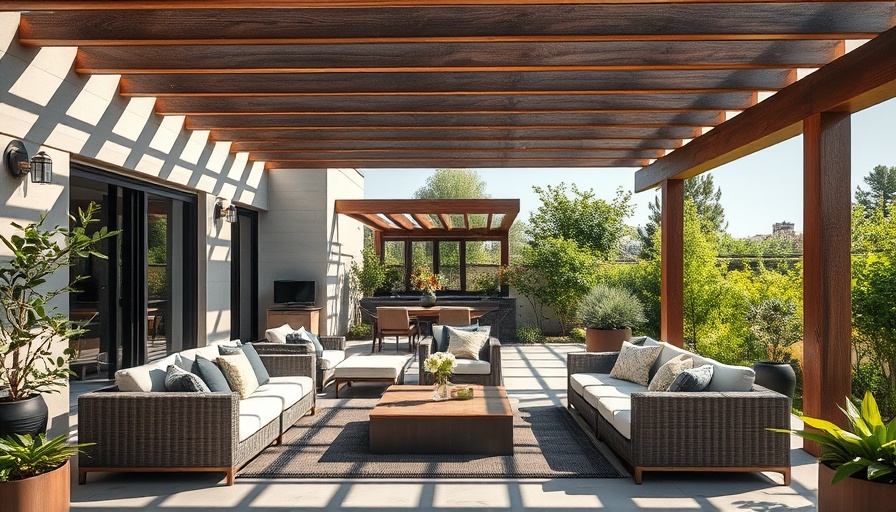 Spacious modern outdoor patio with lush greenery, ideal covered seating.