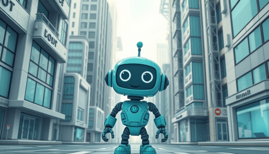 Teal cartoon robot next to futuristic buildings