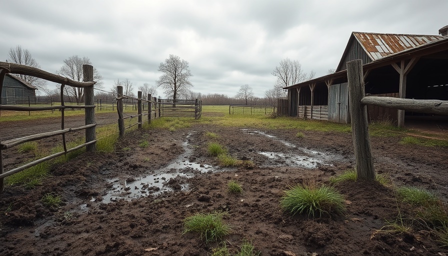 Neglected horse paddock in Suffolk, Virginia with muddy grounds and a worn-out barn.