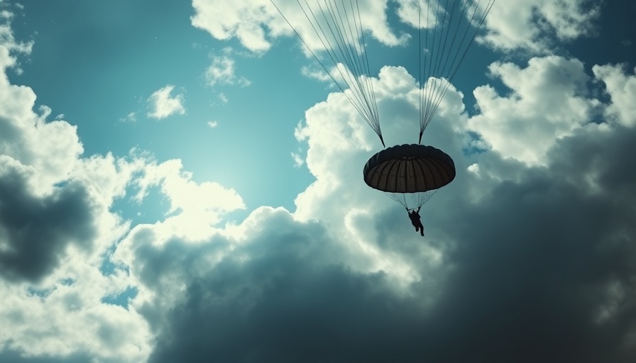 Parachutist against cloudy sky for fundraising event.