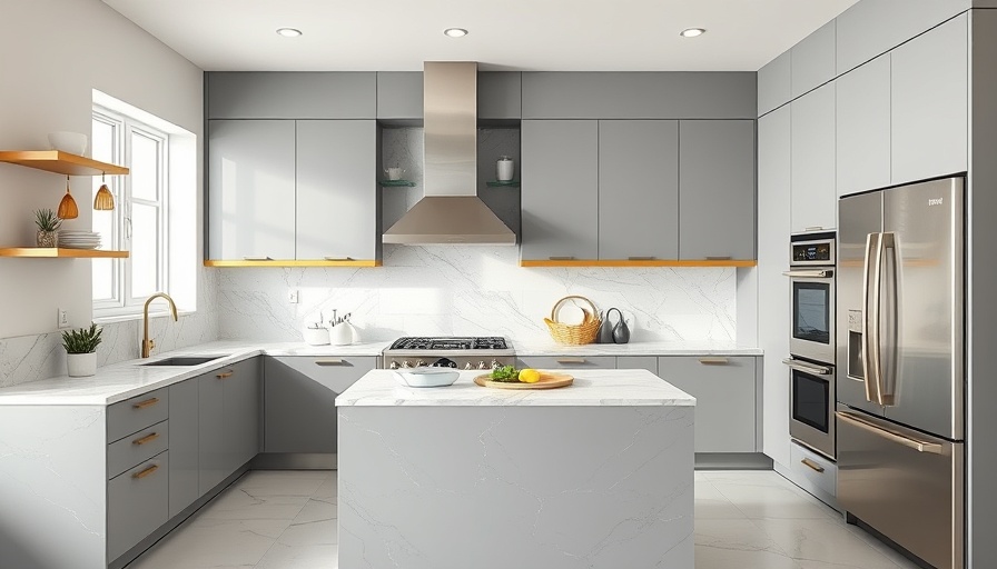 Modern kitchen remodel with gray cabinets and gold handles.