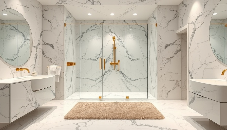 Luxurious shower features in elegant marble bathroom with bronze accents.