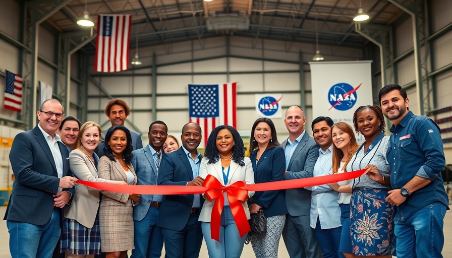 Ribbon-cutting event at aerospace academy NASA Wallops hangar.