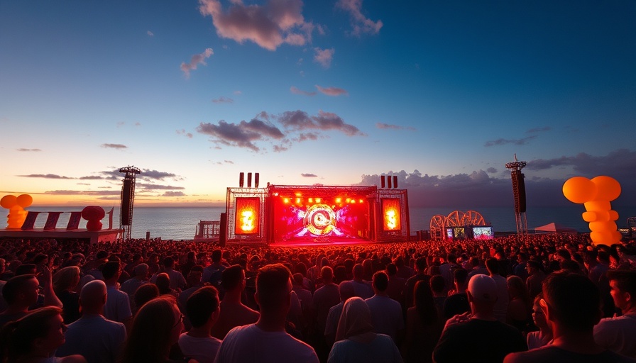Vibrant outdoor concert at Virginia Beach festival during sunset.