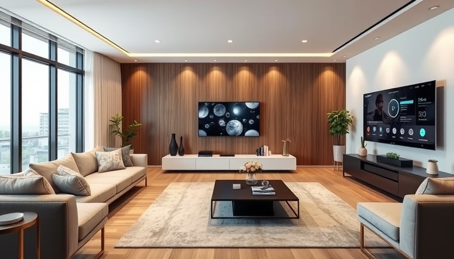 Modern living room with smart home devices, showcasing innovation.