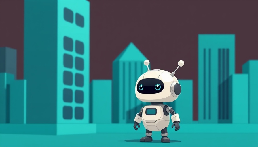 Cartoon robot with antennas next to geometric building.