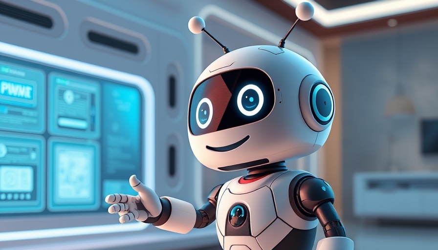 Cartoon robot and smart home interface illustration.