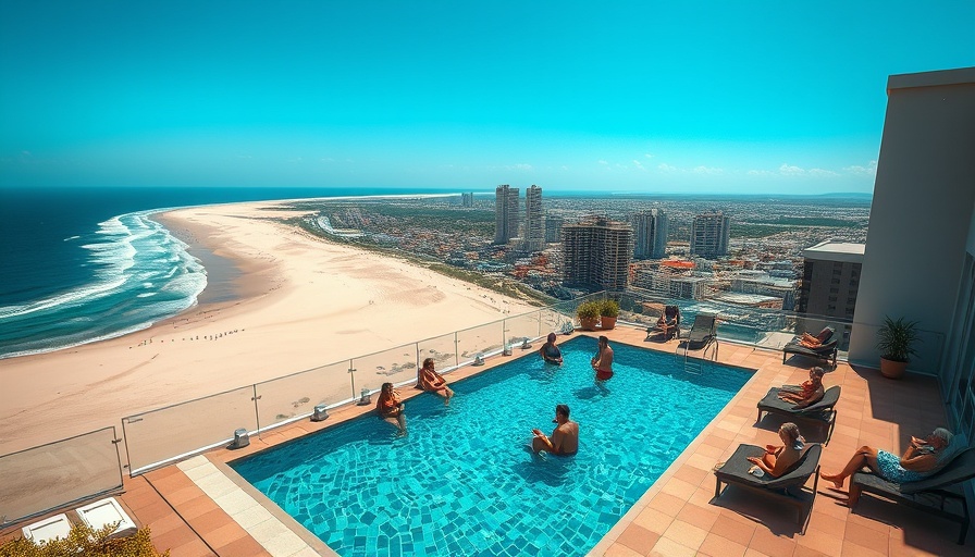 Aerial view of a rooftop pool and beach in Hampton Roads.