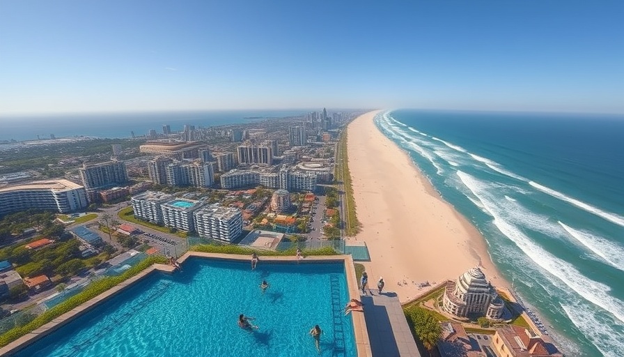 Rooftop pool with beach view, vibrant cityscape along coastline.