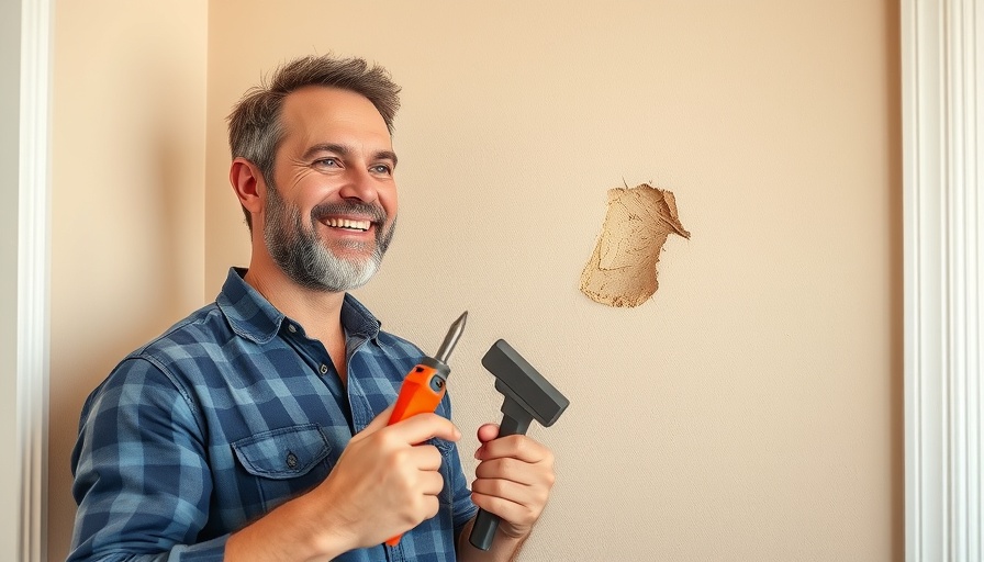 DIY home repairs illustration with man and wall damage.