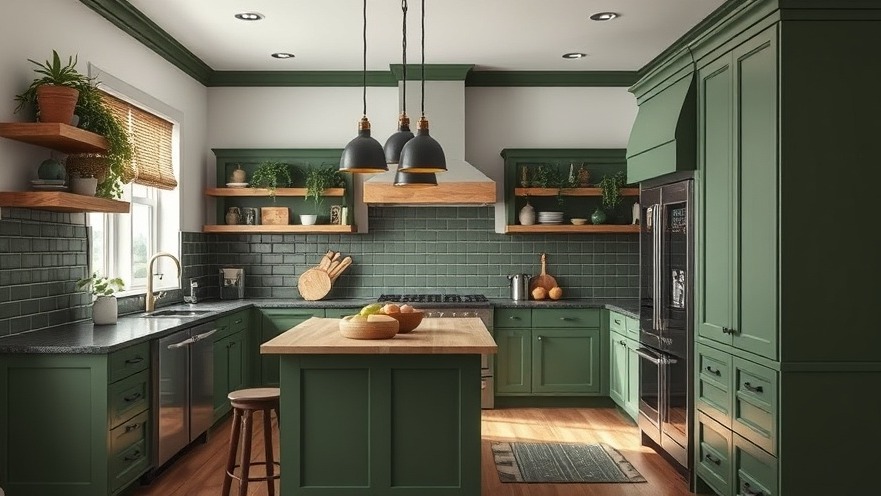 Modern farmhouse kitchen interior design in green and black tones.