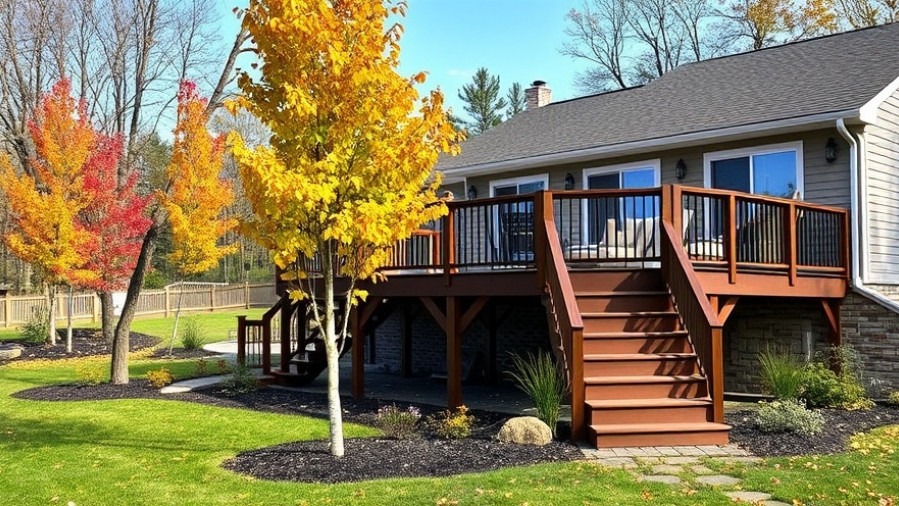 Elevated outdoor living deck in Hampton Roads featuring autumn foliage and stylish patio decor.
