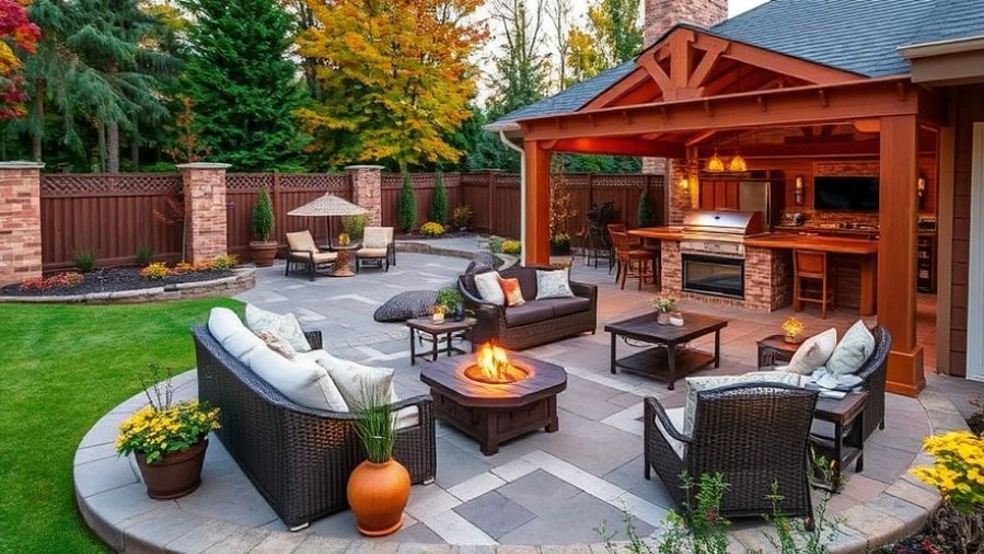 Backyard patio inspiration featuring a luxurious autumn oasis with innovative outdoor kitchen designs.