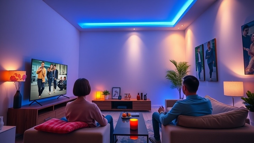 Affordable smart lighting enhances a modern living room with vibrant blue hues.
