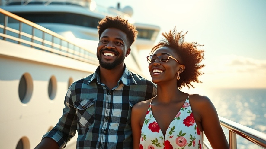 Cheerful black couple boarding a cruise ship, perfect for family-friendly activities.