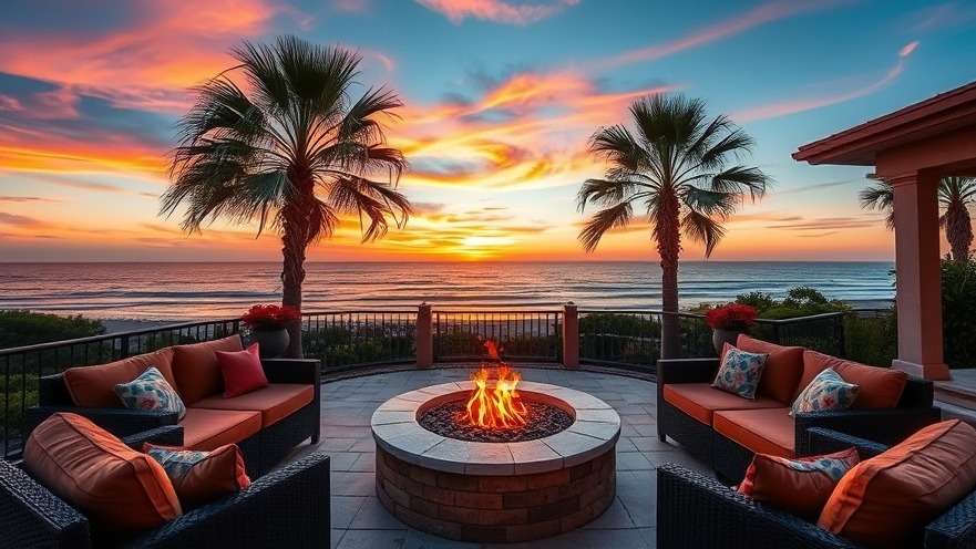 Stunning sunset over Hampton Roads home improvement patio with fire pit and ocean view