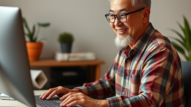 Empowering retired Asian man on computer, sharing family activities in southeastern Virginia.