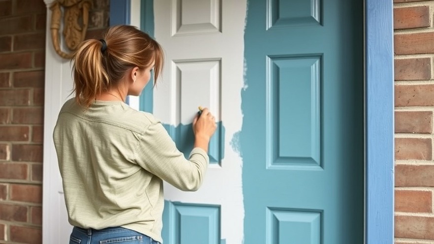 Female homeowner painting her front door with tape, showcasing DIY home renovation tips.