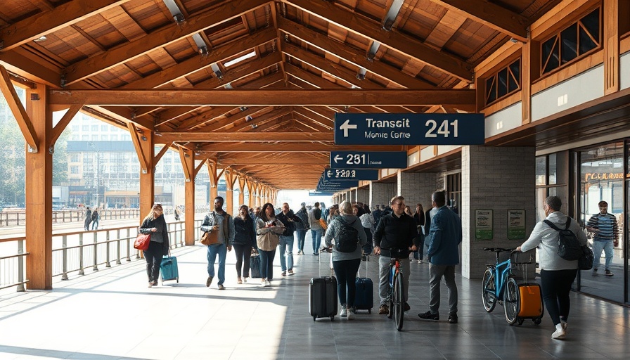 Oceanside Transit Center redevelopment showing open-air walkway with travelers.
