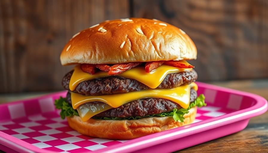 Juicy double cheeseburger on a pink checkered tray at Isa's Tamales.