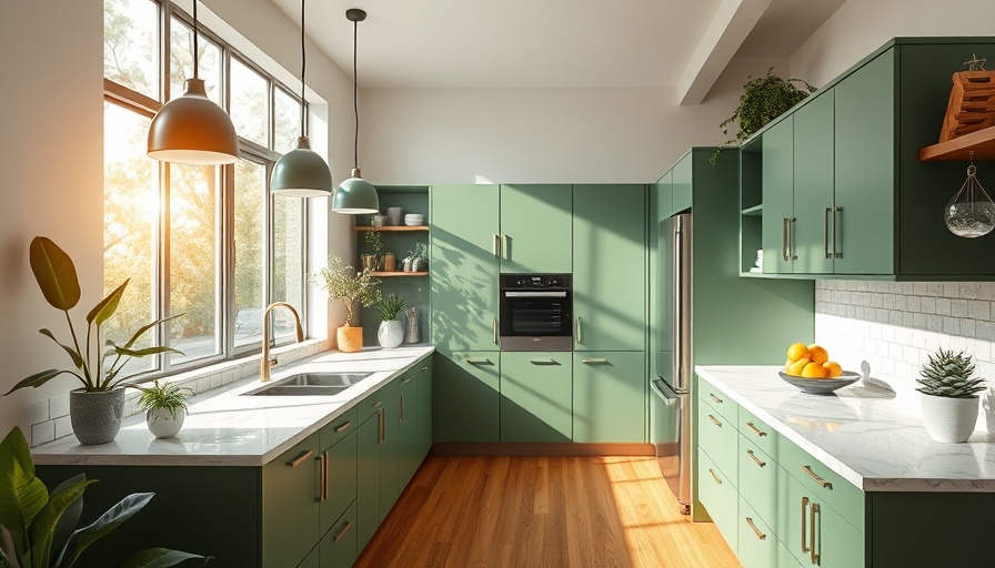 Eco-friendly kitchen renovation Solana Beach with green cabinets and marble countertops.