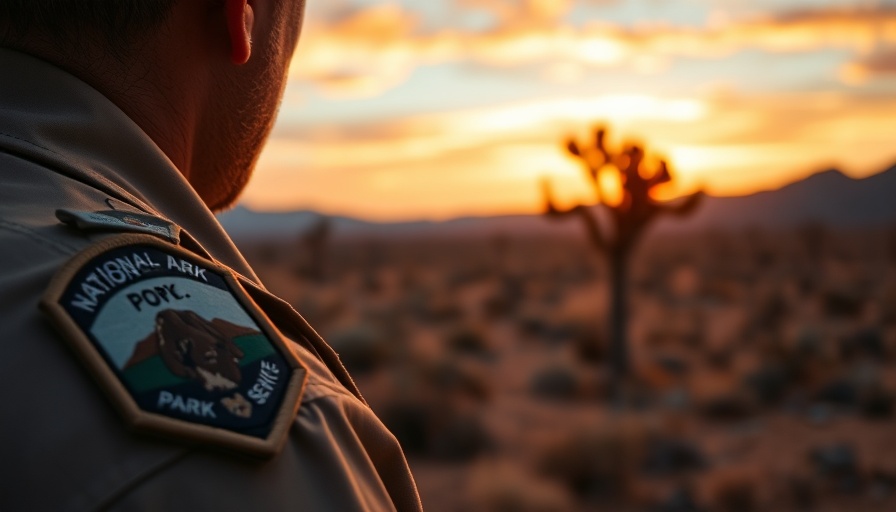 Park ranger overlooking desert during sunset, highlighting federal funding cuts impact.