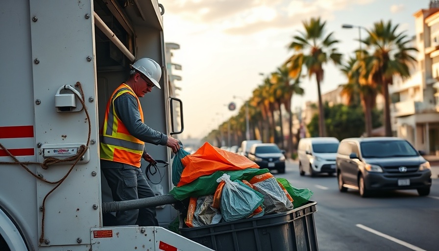 San Diego city worker handling trash on urban street, palm trees visible.