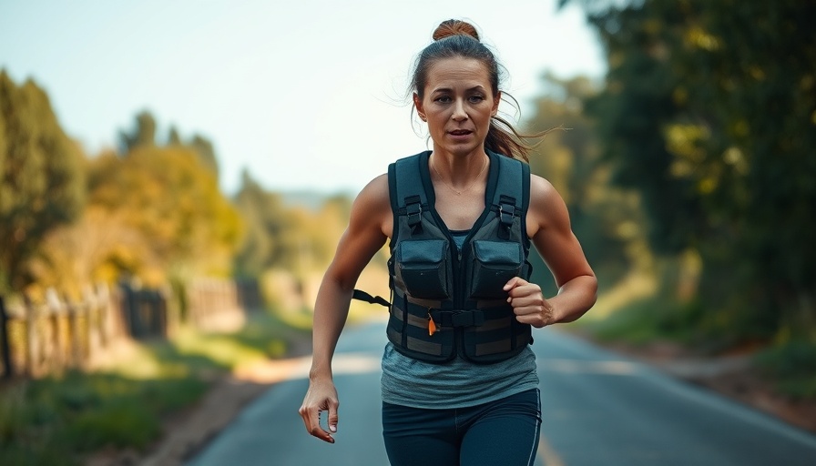 Woman walking with a weighted vest on a tree-lined road.