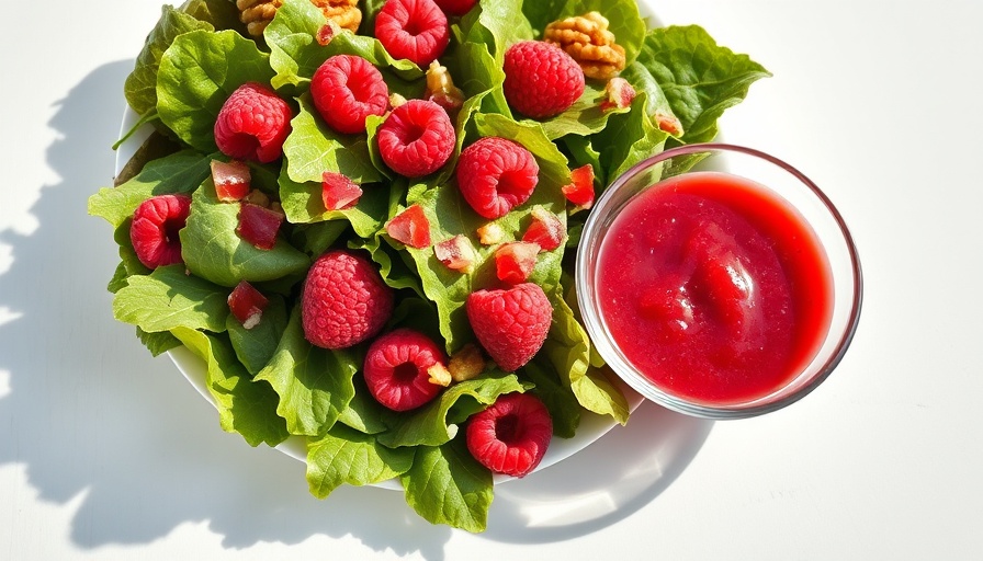 Fresh salad with raspberry vinaigrette dressing recipe, vibrant greens and berries.