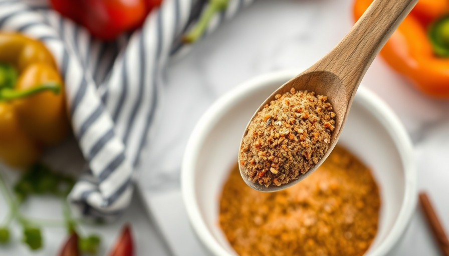 Homemade Ragin’ Cajun Seasoning in wooden spoon over white bowl.