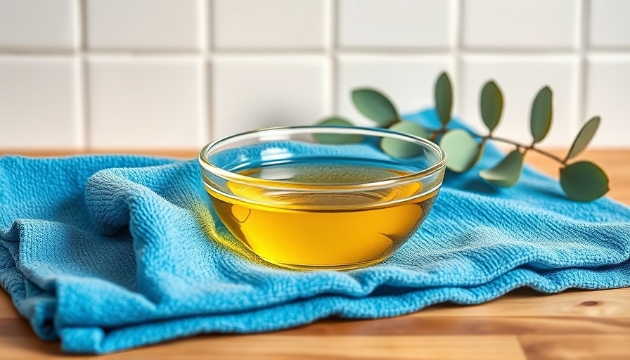 DIY Hair Oil Treatment: Glass bowl of oil on blue towel.
