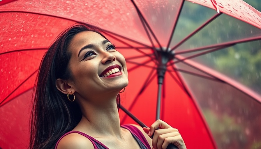 Joyful woman with red umbrella enjoying gentle rain