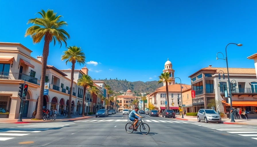 Carlsbad street scene with cyclist and cars under sunny sky.