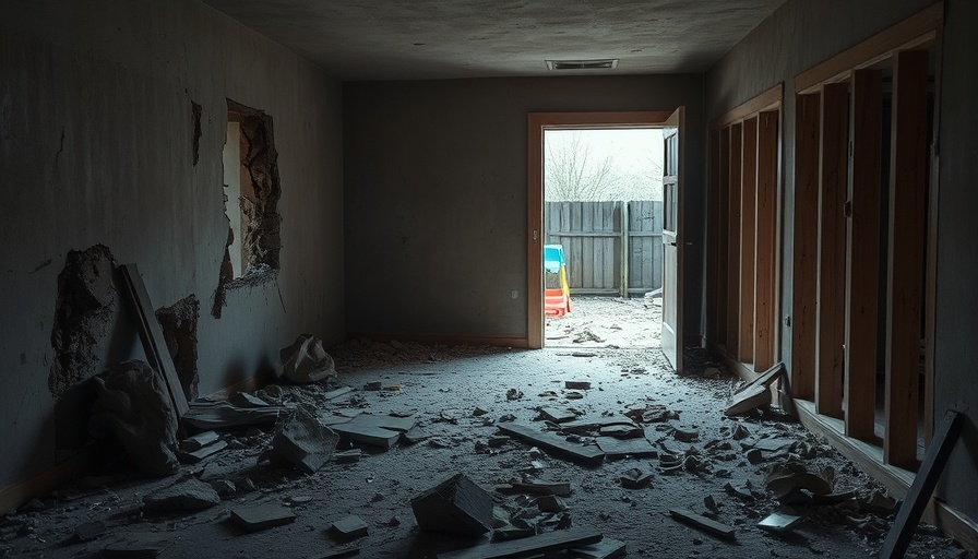 Damaged room with debris and open door, showing destruction.