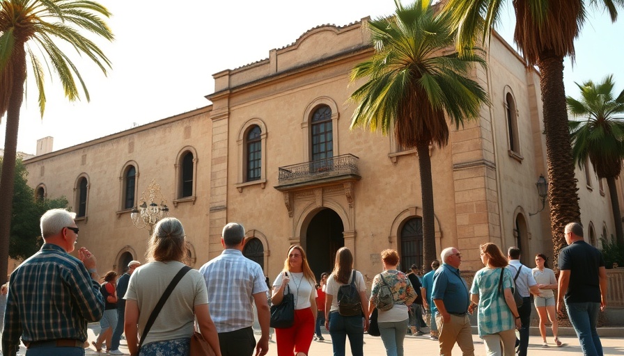San Diego Camping Ban Impact: People by historic building and palm trees.