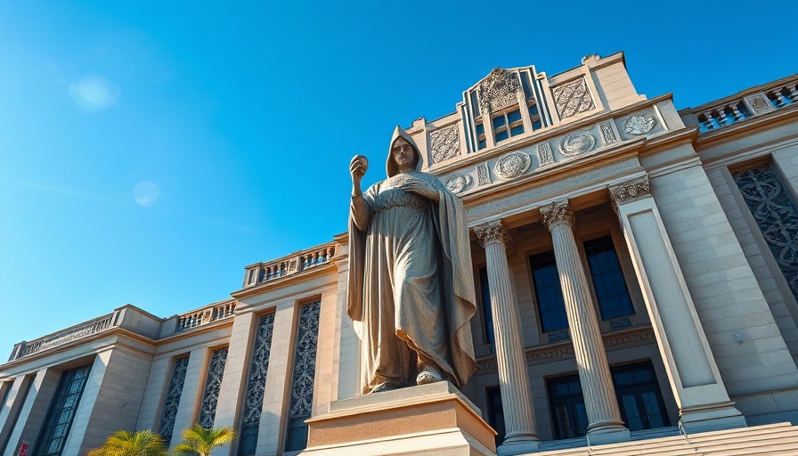Delay County Budget Vote statue at city building, clear sky