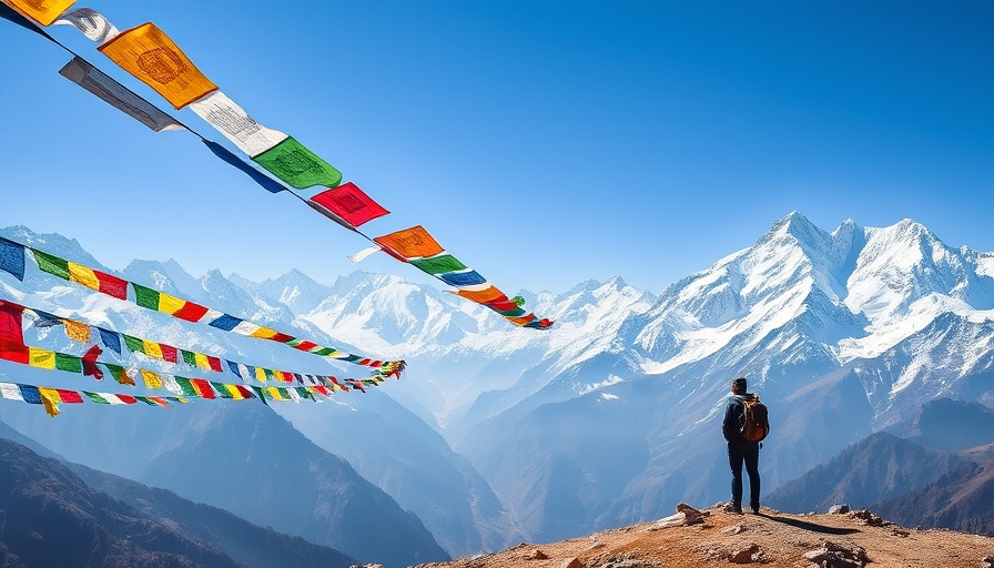 Trip to Nepal with backpacker admiring prayer flags under blue sky.